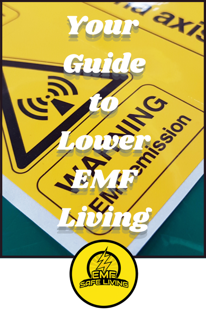 Stack of yellow EMF warning signs with bold text overlay reading "Your Guide to Lower EMF Living" and the EMF Safe Living logo at the bottom—perfect for anyone searching for trusted EMF Safe Living advice.